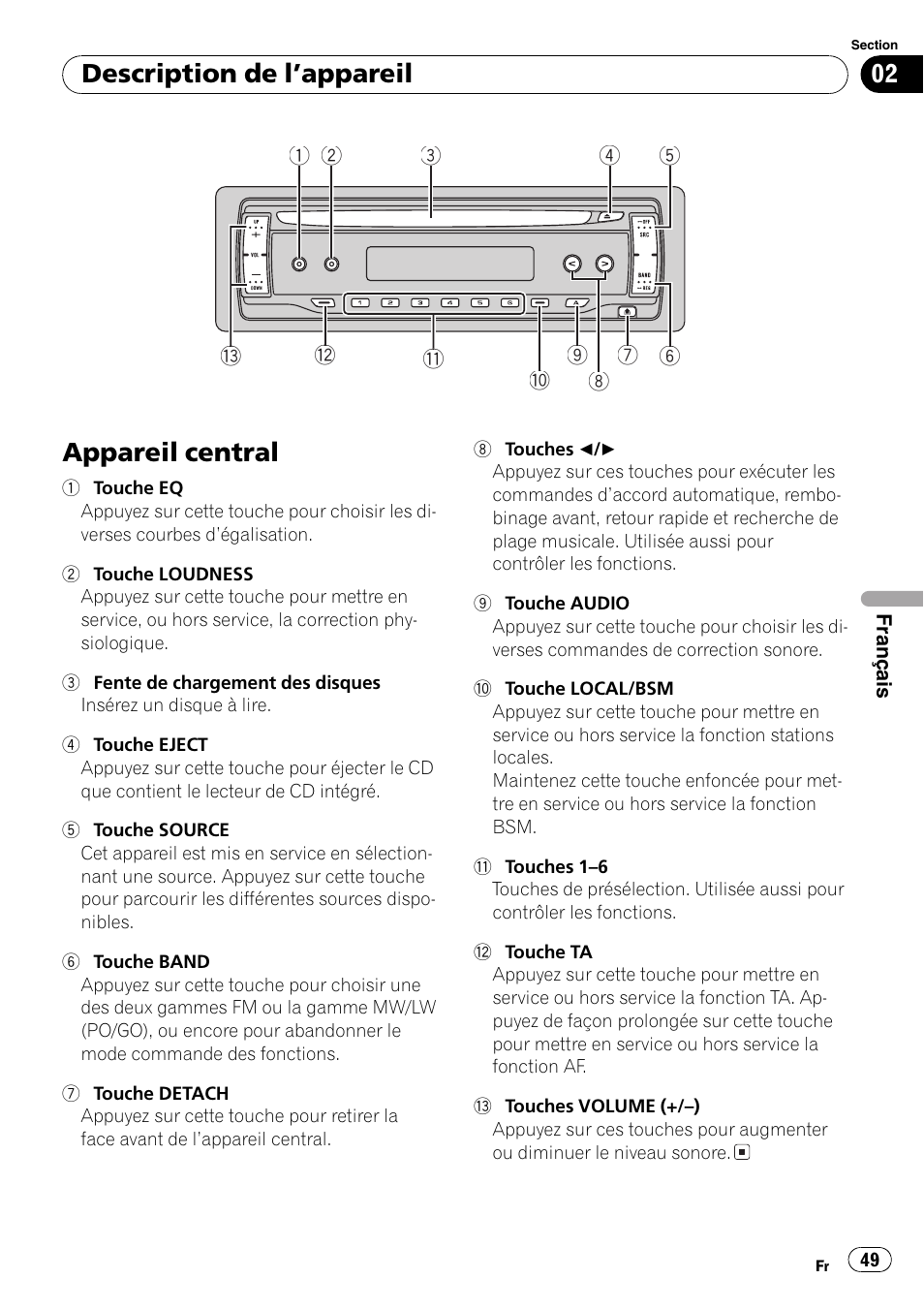 Description de lappareil, Appareil central 49, Appareil central | Pioneer DEH-1820R User Manual | Page 49 / 106