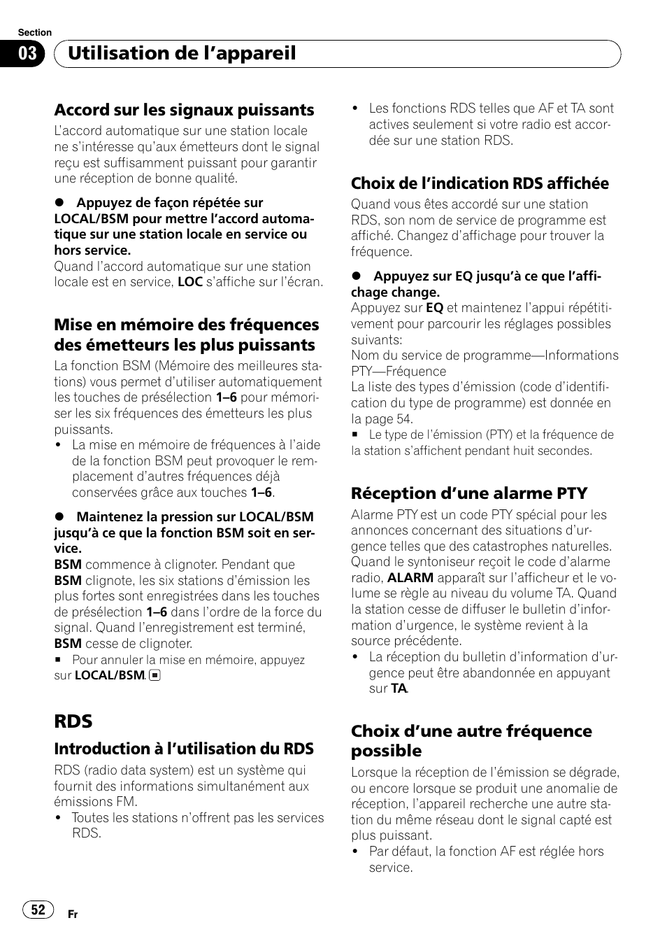 Accord sur les signaux puissants 52, Mise en mémoire des fréquences des, Émetteurs les plus puissants 52 | Rds 52, Introduction à lutilisation du, Choix de lindication rds, Affichée 52, Réception dune alarme pty 52, Choix dune autre fréquence, Possible 52 | Pioneer DEH-1820R User Manual | Page 52 / 106