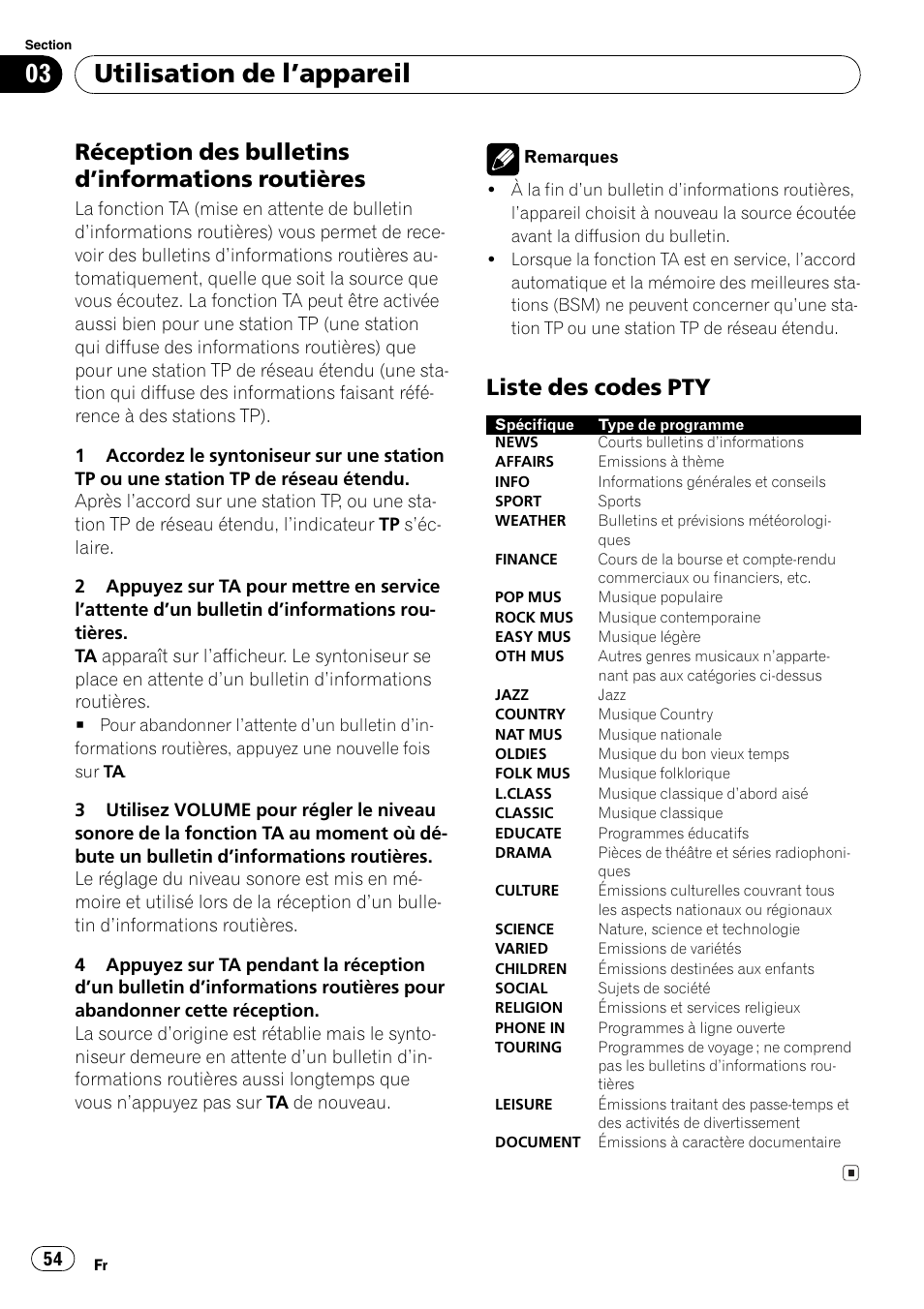 Réception des bulletins, Dinformations routières 54, Liste des codes pty 54 | Utilisation de lappareil, Réception des bulletins dinformations routières, Liste des codes pty | Pioneer DEH-1820R User Manual | Page 54 / 106