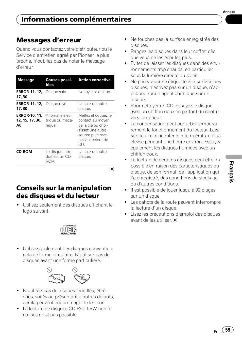 Informations complémentaires, Messages derreur 59, Conseils sur la manipulation des disques et | Du lecteur 59, Messages derreur | Pioneer DEH-1820R User Manual | Page 59 / 106
