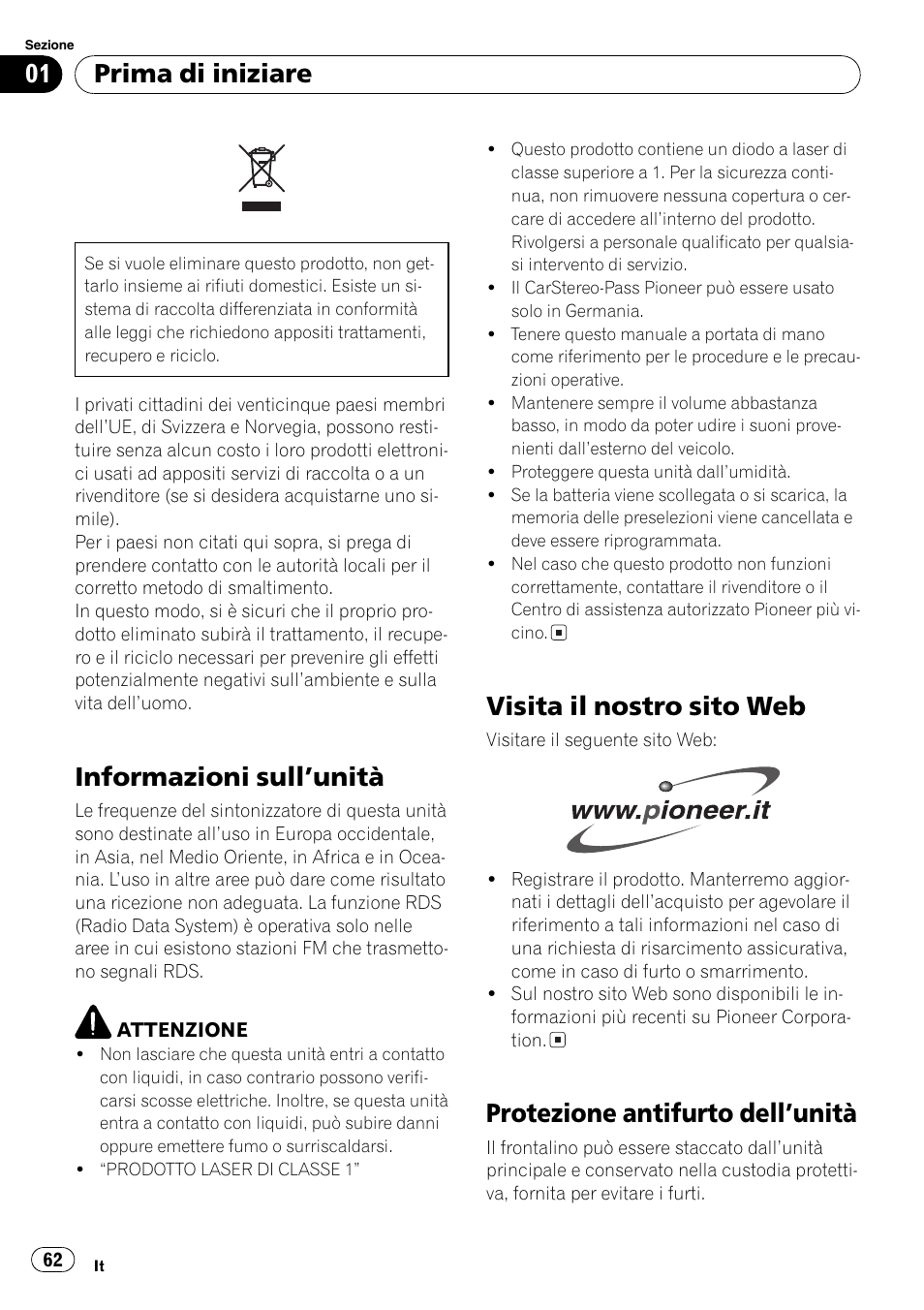 Prima di iniziare informazioni sullunità 62, Visita il nostro sito web 62, Protezione antifurto dellunità 62 | Informazioni sullunità, Visita il nostro sito web, Protezione antifurto dellunità, Prima di iniziare | Pioneer DEH-1820R User Manual | Page 62 / 106