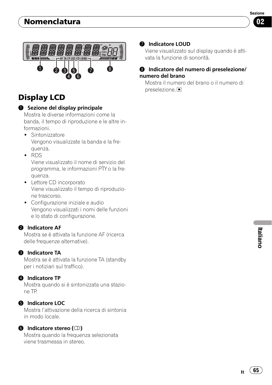 Display lcd 65, Display lcd, Nomenclatura | Pioneer DEH-1820R User Manual | Page 65 / 106