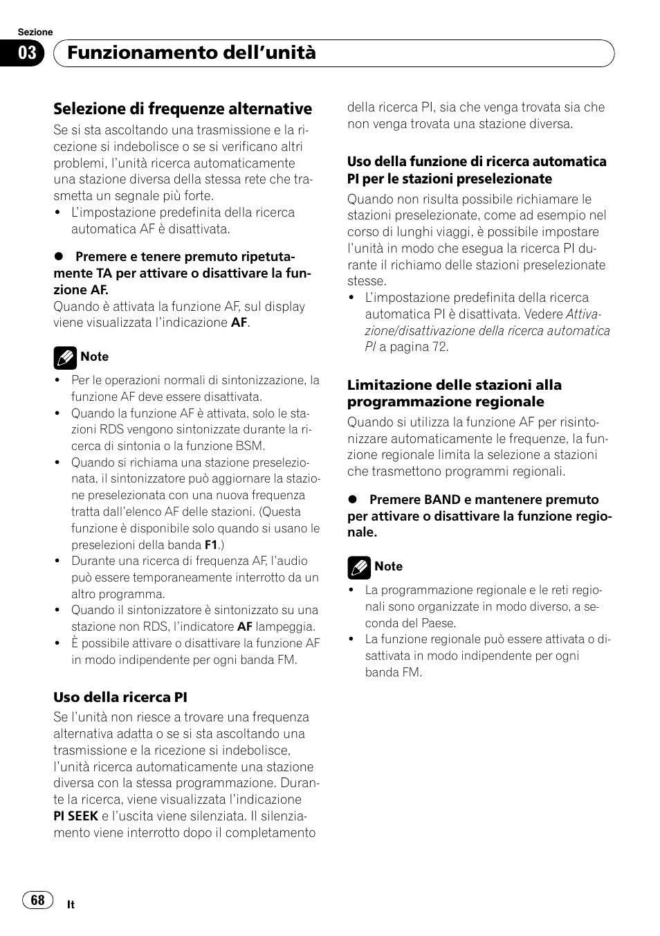 Selezione di frequenze alternative 68, Funzionamento dellunità, Selezione di frequenze alternative | Pioneer DEH-1820R User Manual | Page 68 / 106