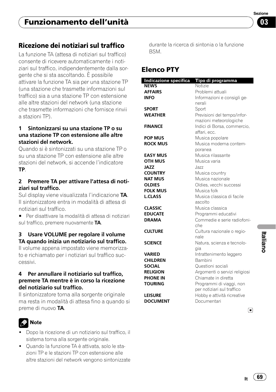 Ricezione dei notiziari sul traffico 69, Elenco pty 69, Funzionamento dellunità | Ricezione dei notiziari sul traffico, Elenco pty, Italiano | Pioneer DEH-1820R User Manual | Page 69 / 106