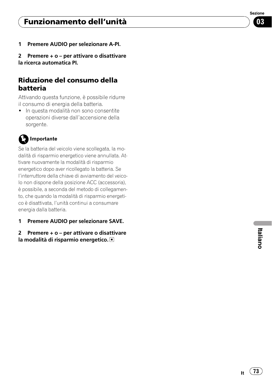 Riduzione del consumo della, Batteria 73, Funzionamento dellunità | Pioneer DEH-1820R User Manual | Page 73 / 106