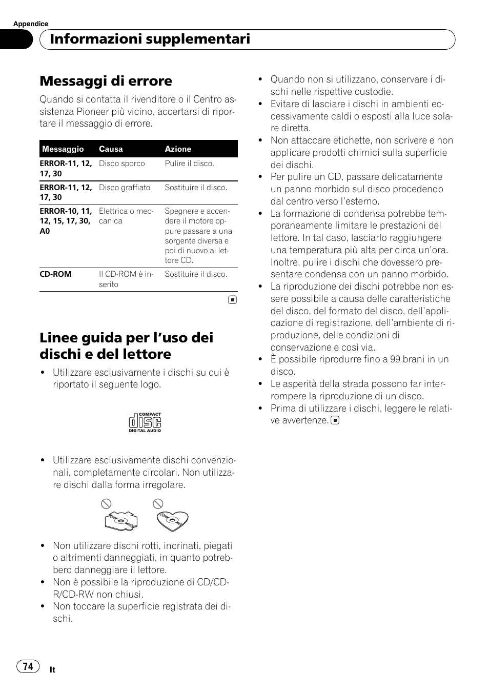 Informazioni supplementari, Messaggi di errore 74, Linee guida per luso dei dischi e del | Lettore 74, Messaggi di errore, Linee guida per luso dei dischi e del lettore | Pioneer DEH-1820R User Manual | Page 74 / 106