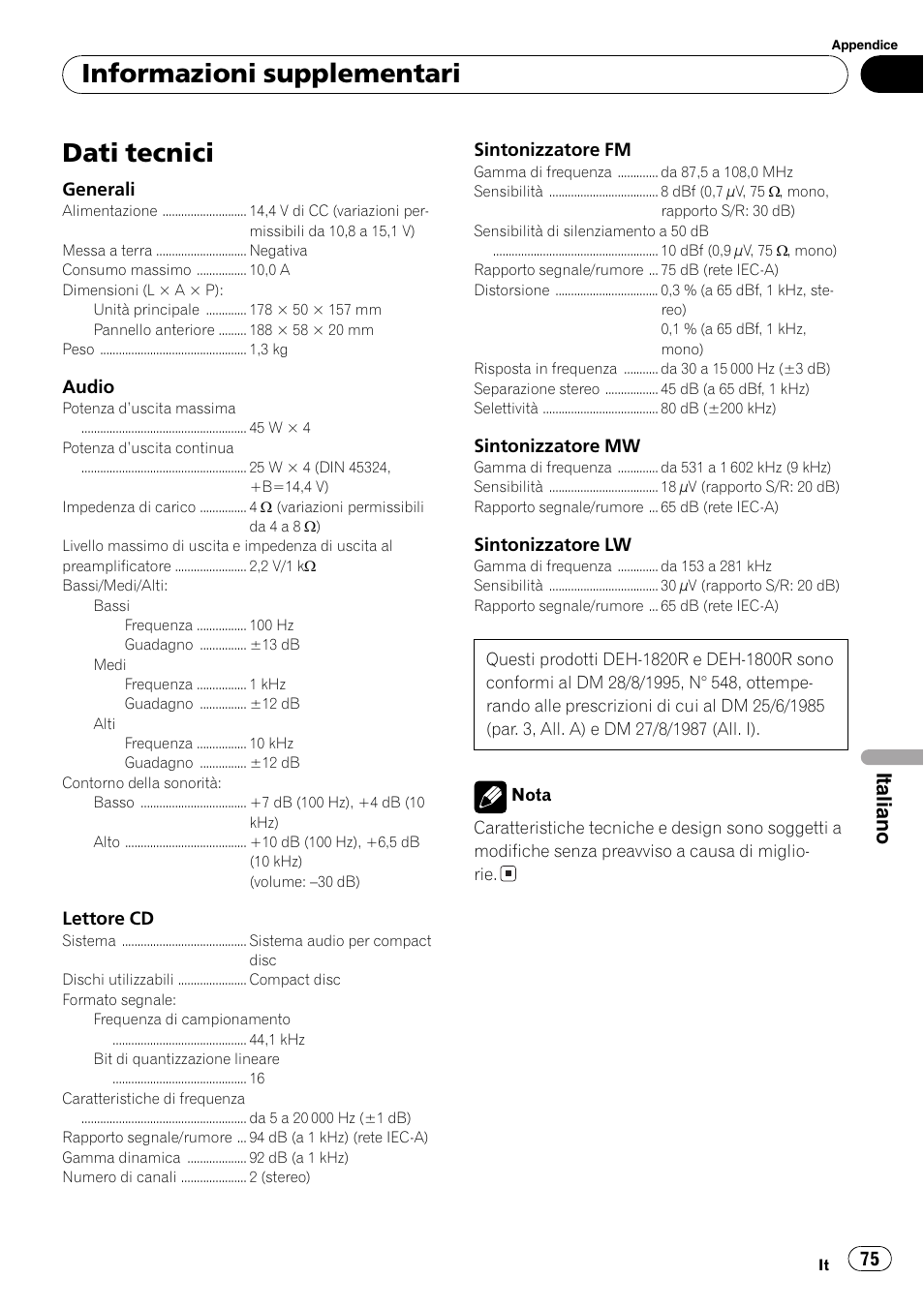 Dati tecnici 75, Dati tecnici, Informazioni supplementari | Italiano | Pioneer DEH-1820R User Manual | Page 75 / 106