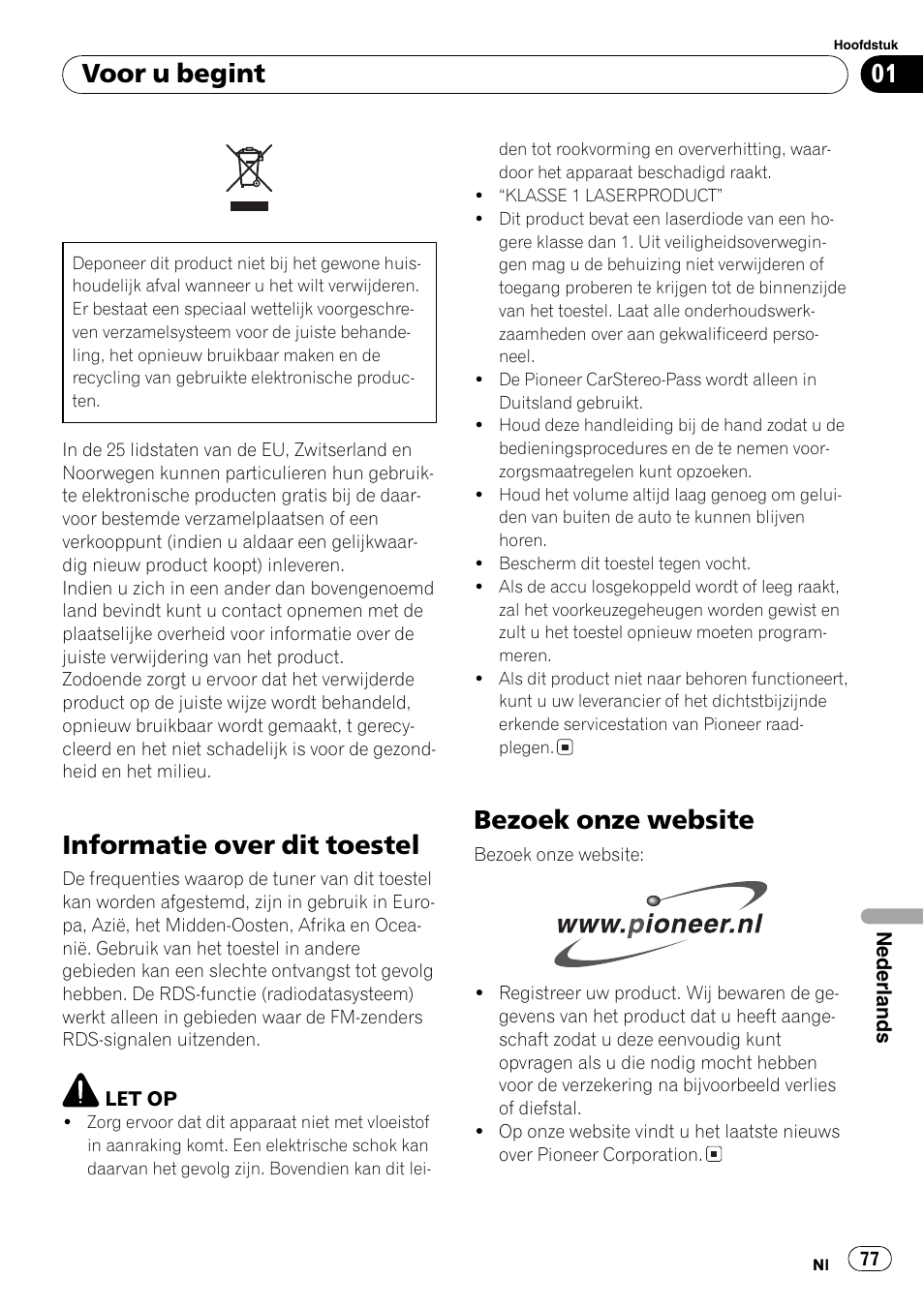 Voor u begint informatie over dit toestel 77, Bezoek onze website 77, Informatie over dit toestel | Bezoek onze website, Voor u begint | Pioneer DEH-1820R User Manual | Page 77 / 106