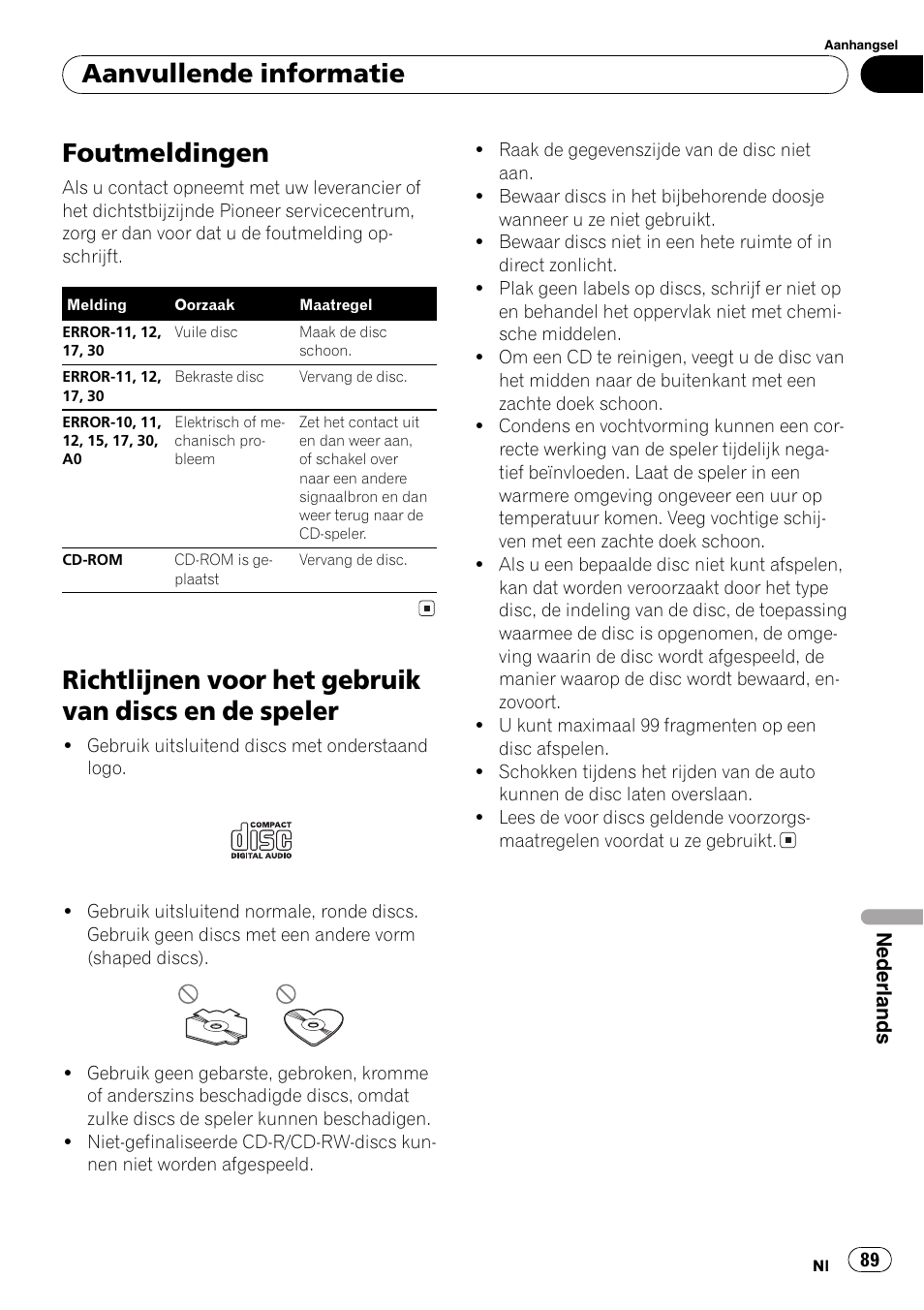 Aanvullende informatie, Foutmeldingen 89, Richtlijnen voor het gebruik van discs en de | Speler 89, Foutmeldingen | Pioneer DEH-1820R User Manual | Page 89 / 106