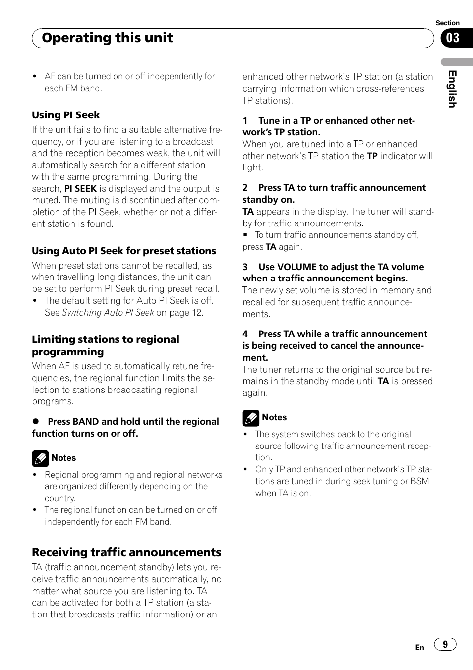 Receiving traffic announcements 9, Operating this unit, Receiving traffic announcements | Pioneer DEH-1820R User Manual | Page 9 / 106