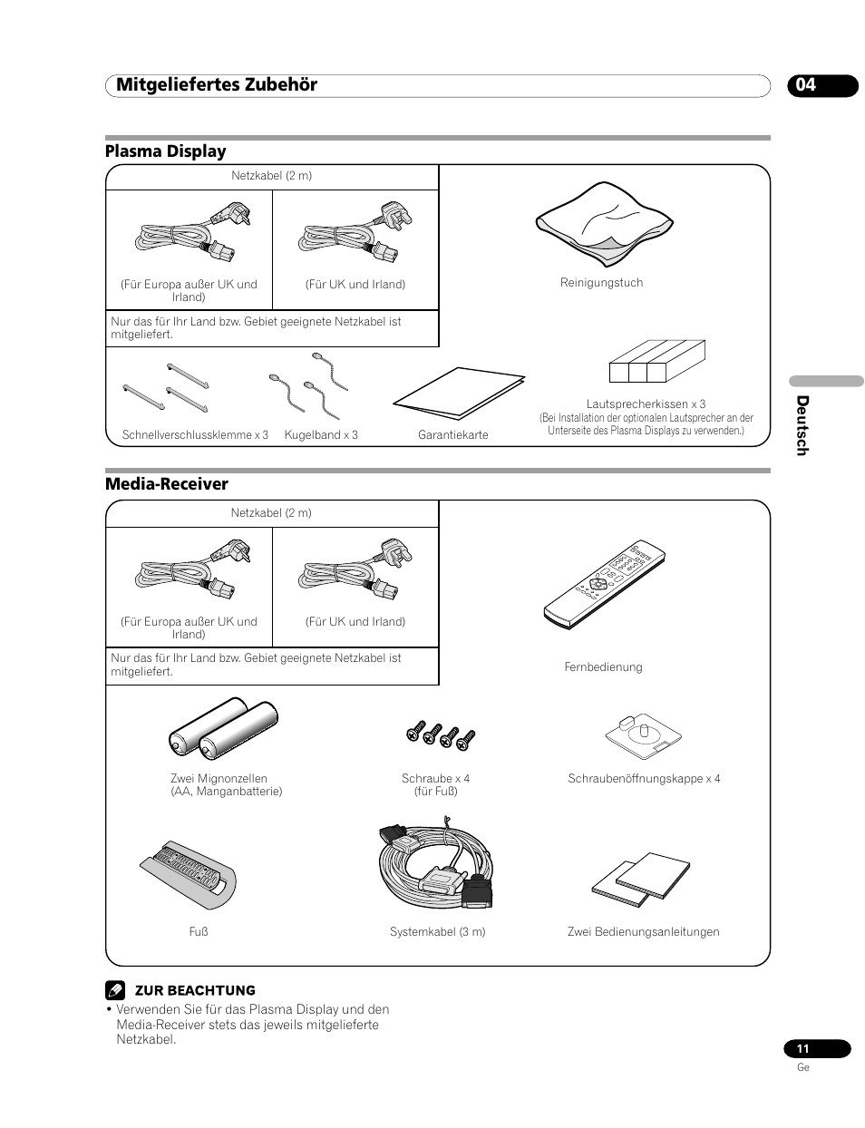 04 mitgeliefertes zubehör, Plasma display media-receiver, Media-receiver plasma display | Pioneer PDP-435FDE User Manual | Page 103 / 140