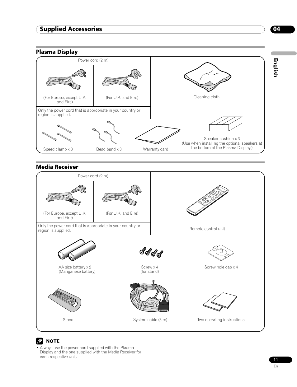 04 supplied accessories, Plasma display media receiver, Media receiver | Plasma display | Pioneer PDP-435FDE User Manual | Page 11 / 140