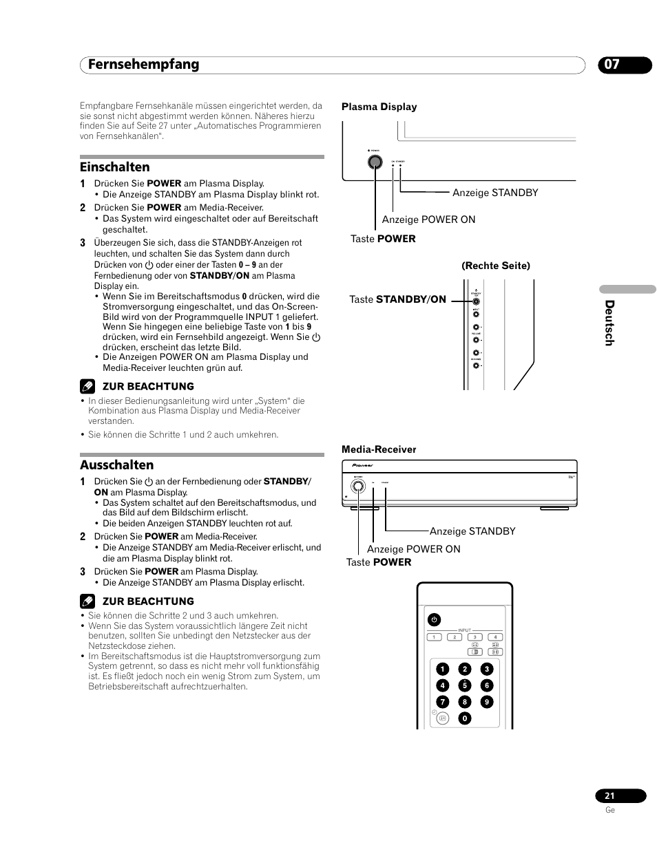 07 fernsehempfang, Einschalten ausschalten, Einschalten | Ausschalten | Pioneer PDP-435FDE User Manual | Page 113 / 140