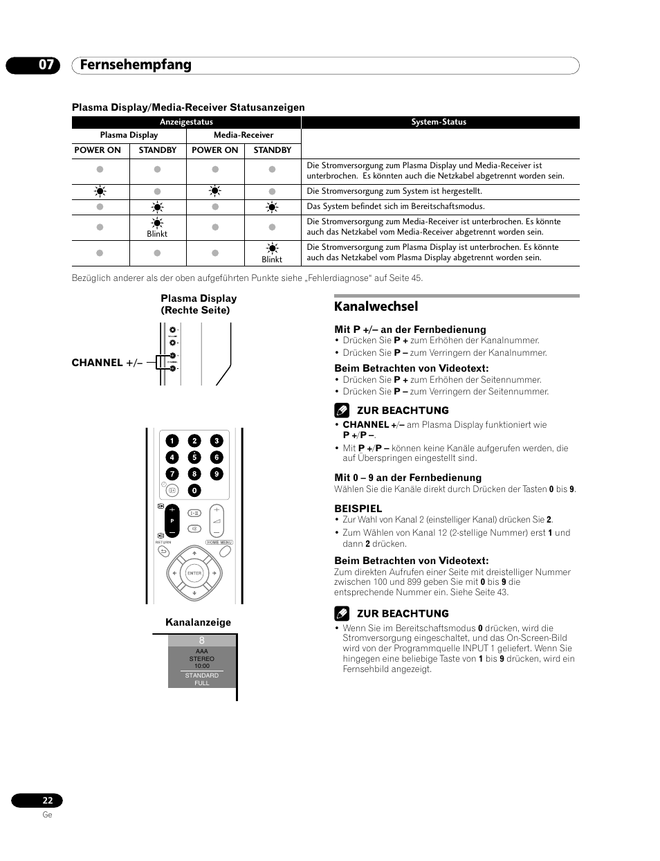 Kanalwechsel, 07 fernsehempfang | Pioneer PDP-435FDE User Manual | Page 114 / 140