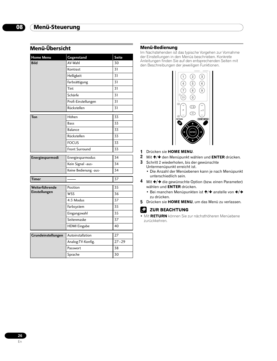 08 menü-steuerung, Menü-übersicht, Menü-bedienung | Pioneer PDP-435FDE User Manual | Page 118 / 140