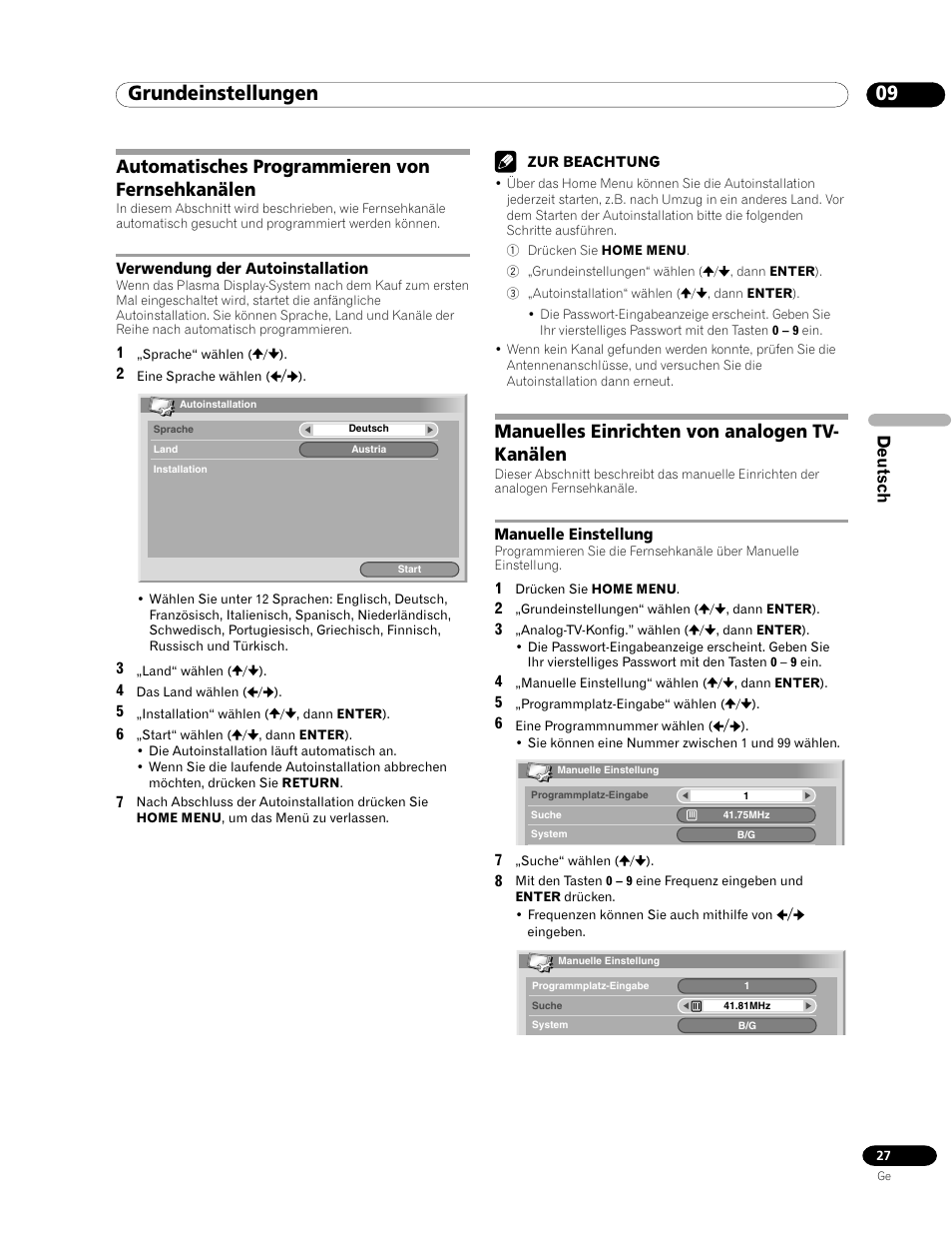 09 grundeinstellungen, Automatisches programmieren von fernsehkanälen, Verwendung der autoinstallation | Manuelles einrichten von analogen tv-kanälen, Manuelle einstellung, Manuelles einrichten von analogen tv- kanälen, Deutsch | Pioneer PDP-435FDE User Manual | Page 119 / 140