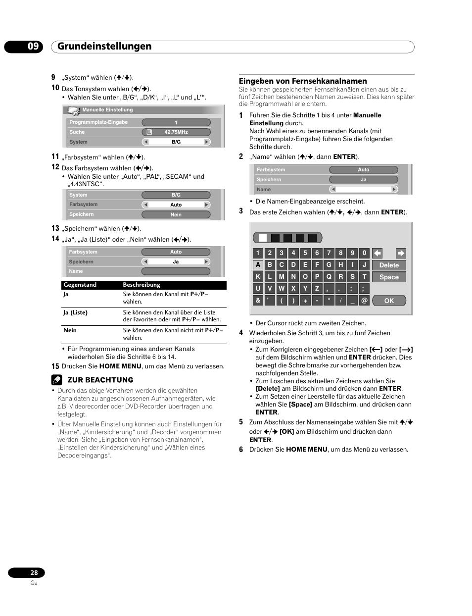 Eingeben von fernsehkanalnamen, 09 grundeinstellungen | Pioneer PDP-435FDE User Manual | Page 120 / 140