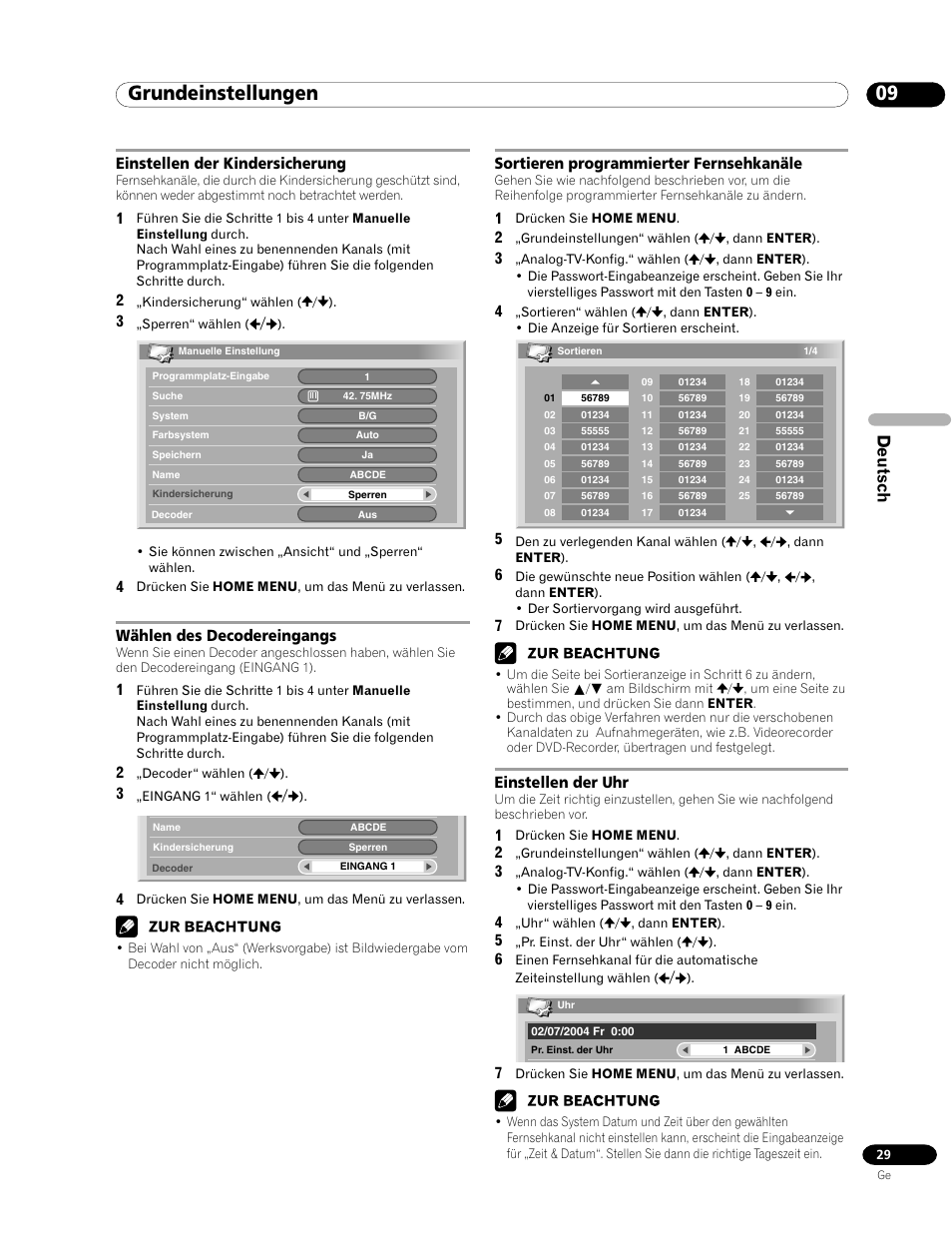 09 grundeinstellungen, Deutsch, Einstellen der kindersicherung | Wählen des decodereingangs, Sortieren programmierter fernsehkanäle, Einstellen der uhr | Pioneer PDP-435FDE User Manual | Page 121 / 140