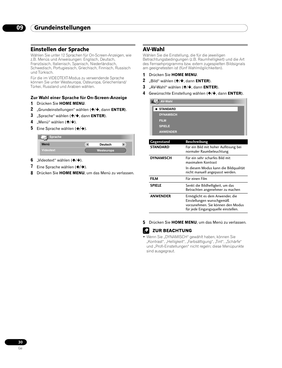 Einstellen der sprache av-wahl, 09 grundeinstellungen, Einstellen der sprache | Av-wahl | Pioneer PDP-435FDE User Manual | Page 122 / 140