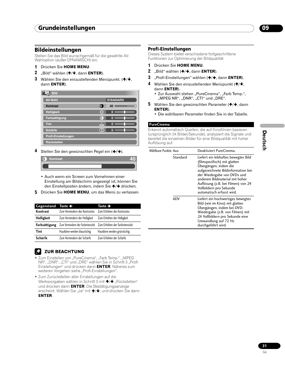 Bildeinstellungen, Profi-einstellungen, 09 grundeinstellungen | Deutsch | Pioneer PDP-435FDE User Manual | Page 123 / 140