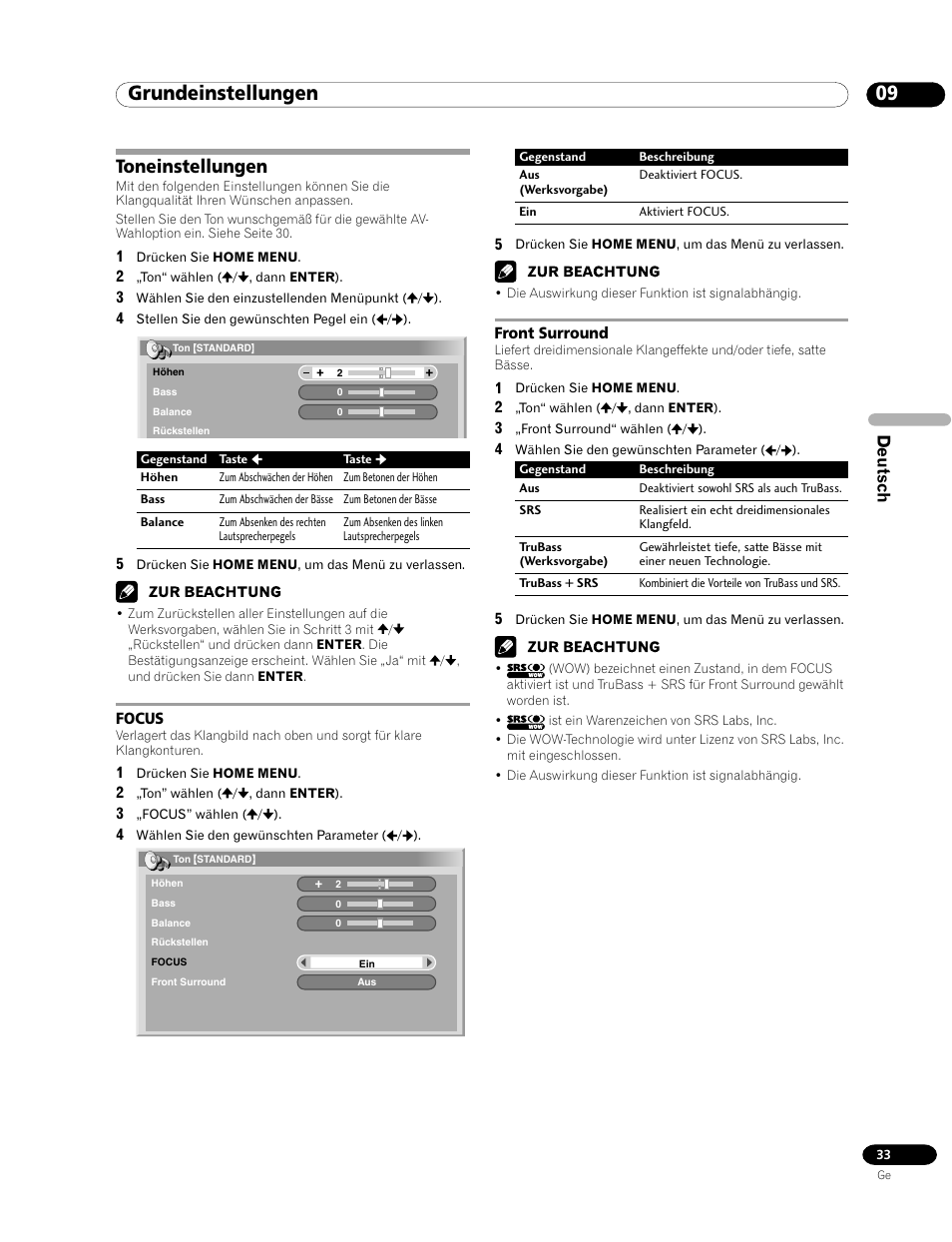 Toneinstellungen, Focus front surround, 09 grundeinstellungen | Deutsch | Pioneer PDP-435FDE User Manual | Page 125 / 140