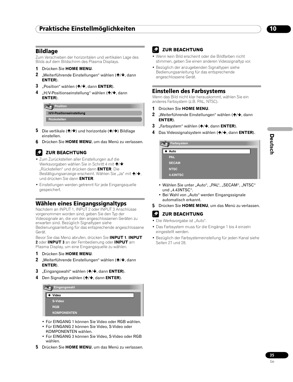 10 praktische einstellmöglichkeiten, Bildlage, Wählen eines eingangssignaltyps | Einstellen des farbsystems, Deutsch | Pioneer PDP-435FDE User Manual | Page 127 / 140