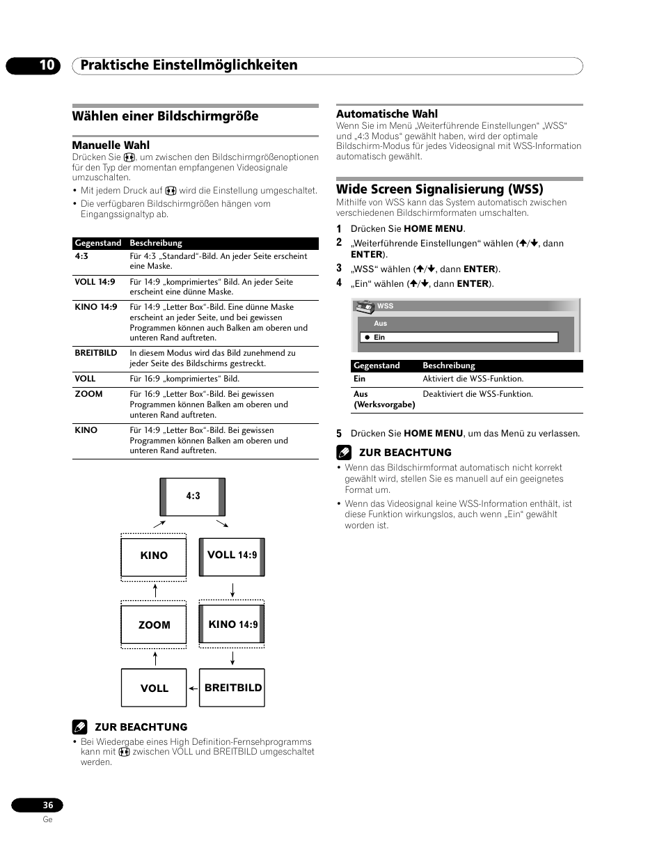 Wählen einer bildschirmgröße, Manuelle wahl automatische wahl, Wide screen signalisierung (wss) | 10 praktische einstellmöglichkeiten | Pioneer PDP-435FDE User Manual | Page 128 / 140