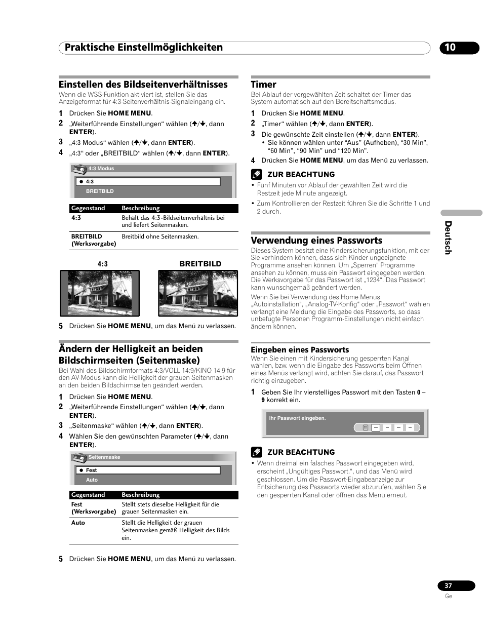 Eingeben eines passworts, 10 praktische einstellmöglichkeiten, Einstellen des bildseitenverhältnisses | Timer, Verwendung eines passworts | Pioneer PDP-435FDE User Manual | Page 129 / 140