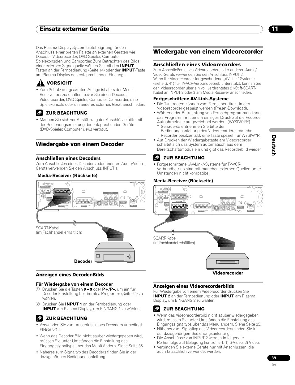 11 einsatz externer geräte, Wiedergabe von einem decoder, Wiedergabe von einem videorecorder | Deutsch, Anschließen eines videorecorders, Anschließen eines decoders, Anzeigen eines decoder-bilds, Anzeigen eines videorecorderbilds, Fortgeschrittene av-link-systeme, Für wiedergabe von einem decoder | Pioneer PDP-435FDE User Manual | Page 131 / 140