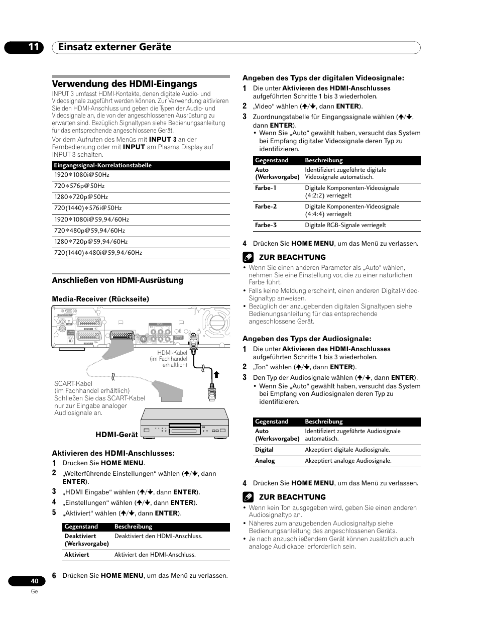 Verwendung des hdmi-eingangs, Anschließen von hdmi-ausrüstung, 11 einsatz externer geräte | Pioneer PDP-435FDE User Manual | Page 132 / 140