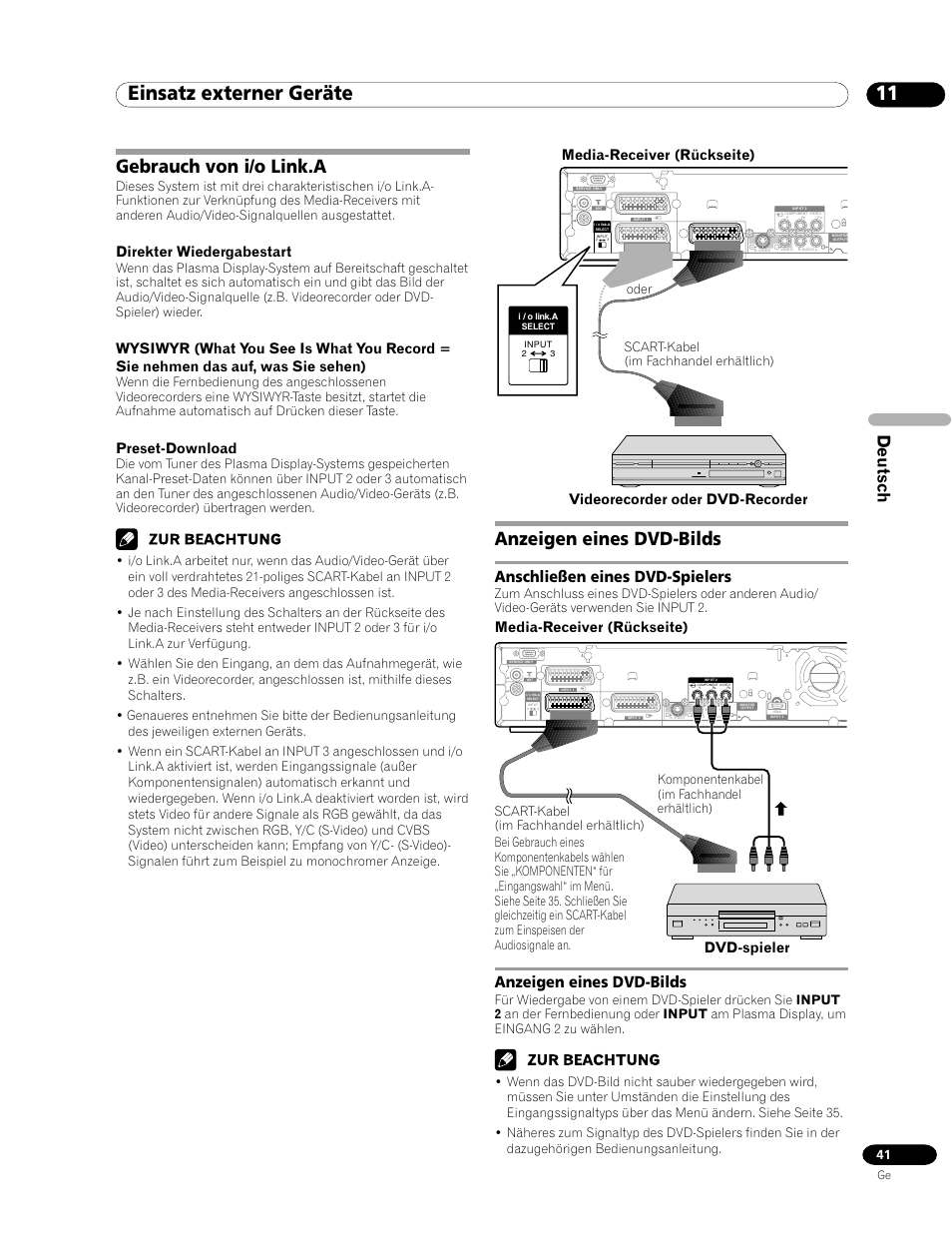 Gebrauch von i/o link.a anzeigen eines dvd-bilds, 11 einsatz externer geräte, Gebrauch von i/o link.a | Anzeigen eines dvd-bilds, Deutsch, Anschließen eines dvd-spielers, Direkter wiedergabestart, Preset-download, Media-receiver (rückseite), Dvd-spieler media-receiver (rückseite) | Pioneer PDP-435FDE User Manual | Page 133 / 140