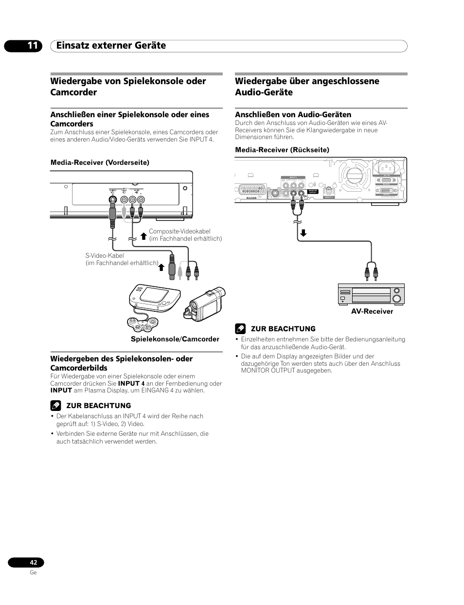 Wiedergabe von spielekonsole oder camcorder, Wiedergabe über angeschlossene audio-geräte, Anschließen von audio-geräten | 11 einsatz externer geräte, Av-receiver, Media-receiver (rückseite), S-video-kabel (im fachhandel erhältlich) | Pioneer PDP-435FDE User Manual | Page 134 / 140