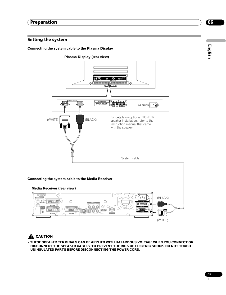 Setting the system, 06 preparation, English | Connecting the system cable to the plasma display, Connecting the system cable to the media receiver, Plasma display (rear view), Media receiver (rear view), White) (black) system cable, White) (black) | Pioneer PDP-435FDE User Manual | Page 17 / 140