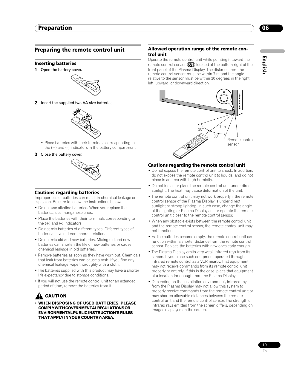Preparing the remote control unit, 06 preparation | Pioneer PDP-435FDE User Manual | Page 19 / 140