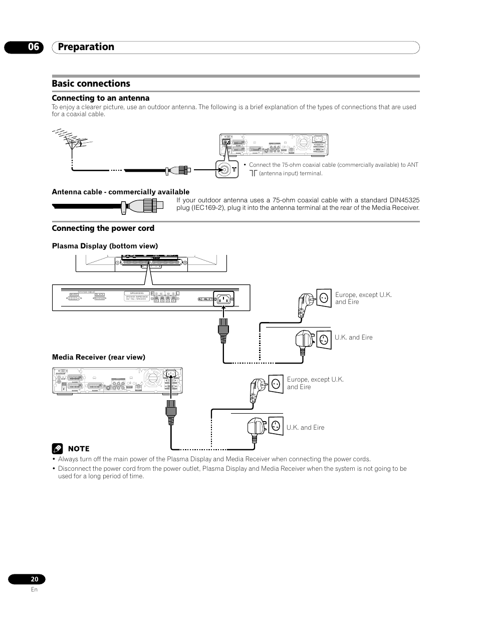 Basic connections, Connecting to an antenna connecting the power cord, 06 preparation | Pioneer PDP-435FDE User Manual | Page 20 / 140