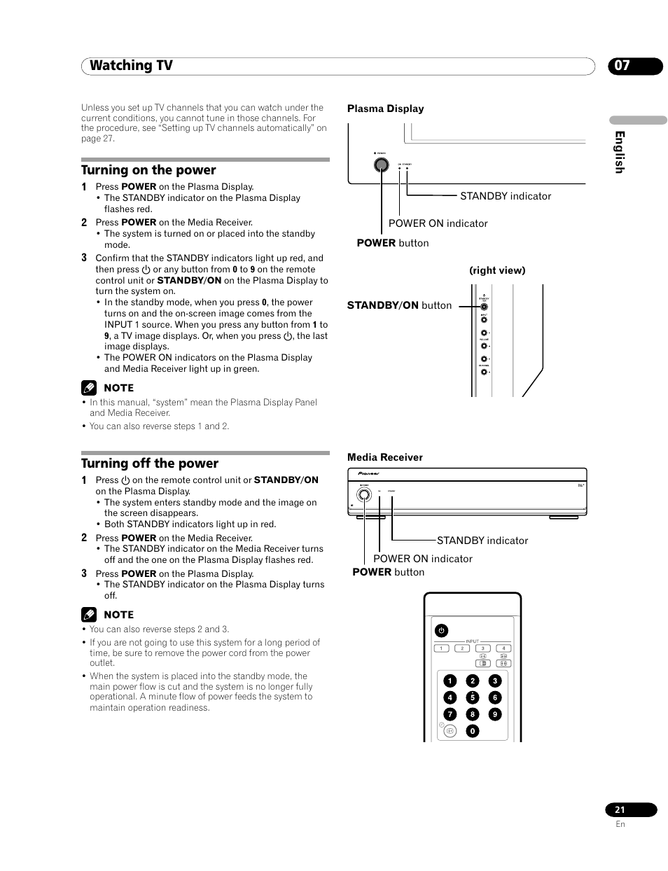 07 watching tv, Turning on the power turning off the power, Turning on the power | Turning off the power | Pioneer PDP-435FDE User Manual | Page 21 / 140