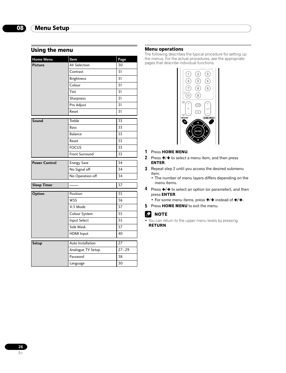 08 menu setup, Using the menu, Menu operations | Pioneer PDP-435FDE User Manual | Page 26 / 140