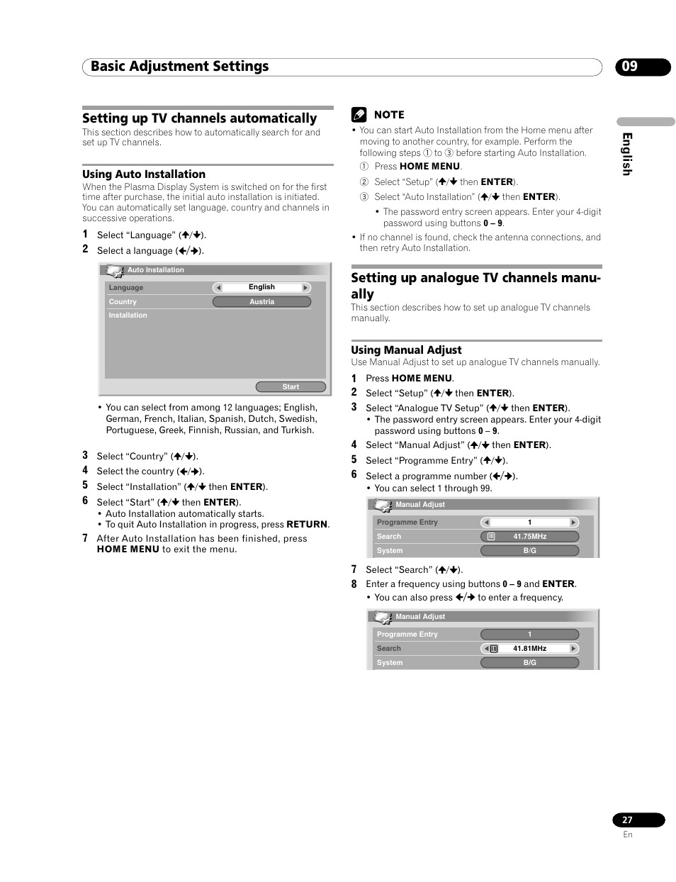 09 basic adjustment settings, Setting up tv channels automatically, Using auto installation | Setting up analogue tv channels manually, Using manual adjust, Setting up analogue tv channels manu- ally, English | Pioneer PDP-435FDE User Manual | Page 27 / 140