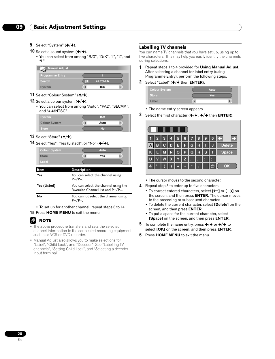 Labelling tv channels, 09 basic adjustment settings | Pioneer PDP-435FDE User Manual | Page 28 / 140