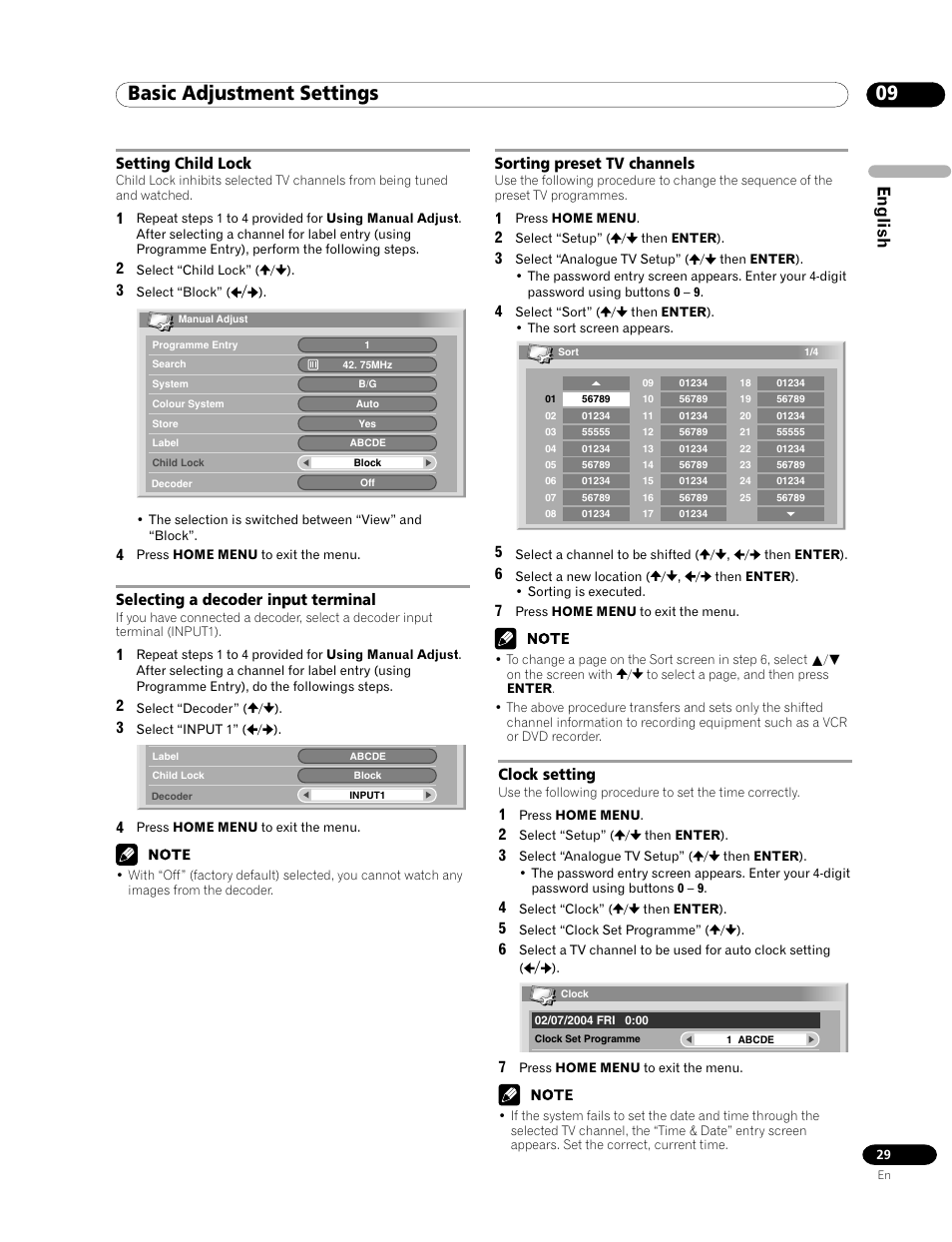 09 basic adjustment settings, English, Setting child lock | Selecting a decoder input terminal, Sorting preset tv channels, Clock setting | Pioneer PDP-435FDE User Manual | Page 29 / 140