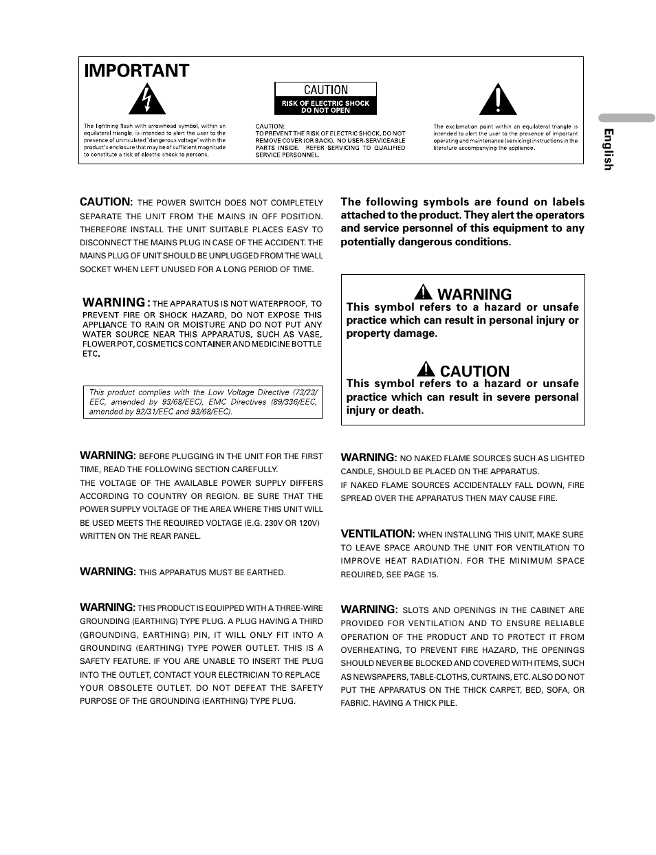 English, Caution, Warning | Ventilation | Pioneer PDP-435FDE User Manual | Page 3 / 140