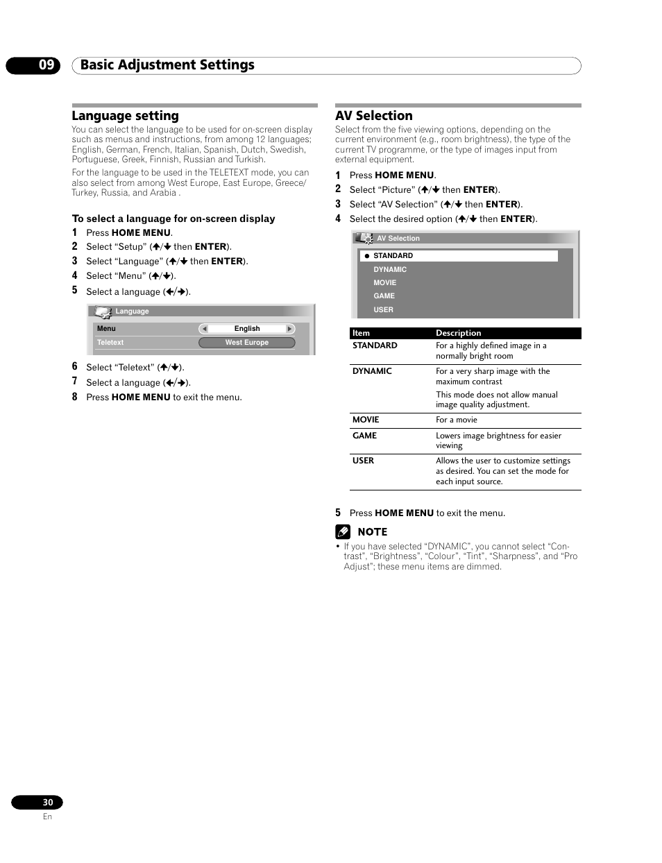 Language setting av selection, 09 basic adjustment settings, Language setting | Av selection | Pioneer PDP-435FDE User Manual | Page 30 / 140