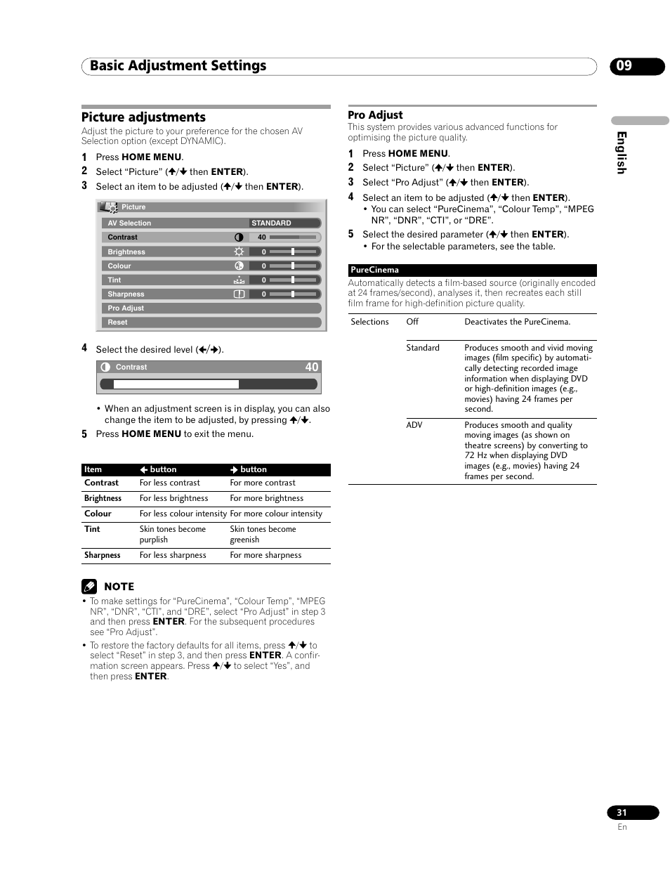 Picture adjustments, Pro adjust, 09 basic adjustment settings | English | Pioneer PDP-435FDE User Manual | Page 31 / 140