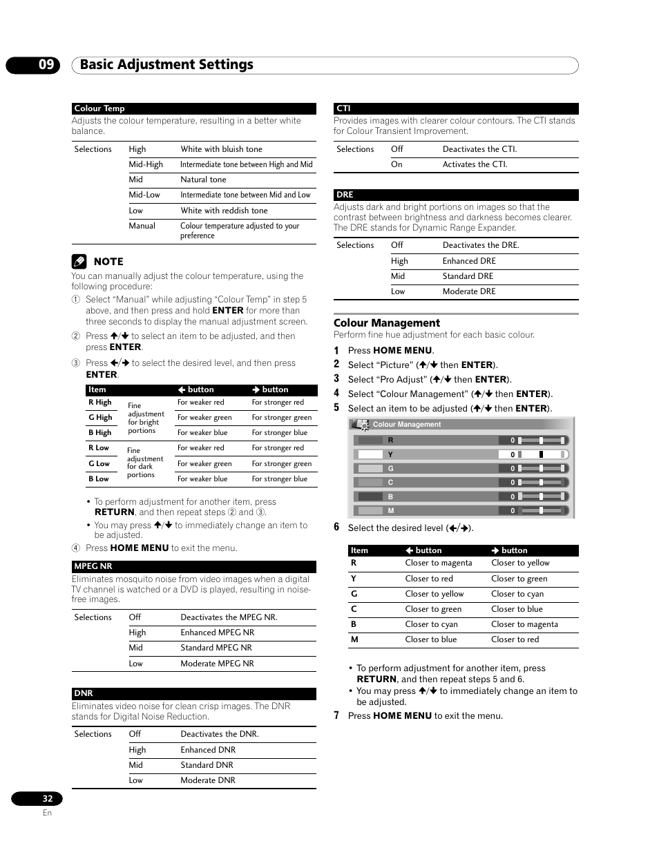 Colour management, 09 basic adjustment settings | Pioneer PDP-435FDE User Manual | Page 32 / 140