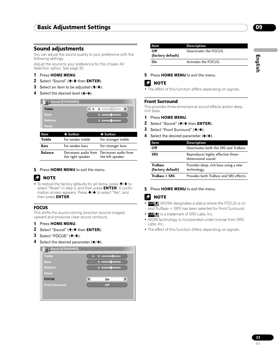 Sound adjustments, Focus front surround, 09 basic adjustment settings | English | Pioneer PDP-435FDE User Manual | Page 33 / 140