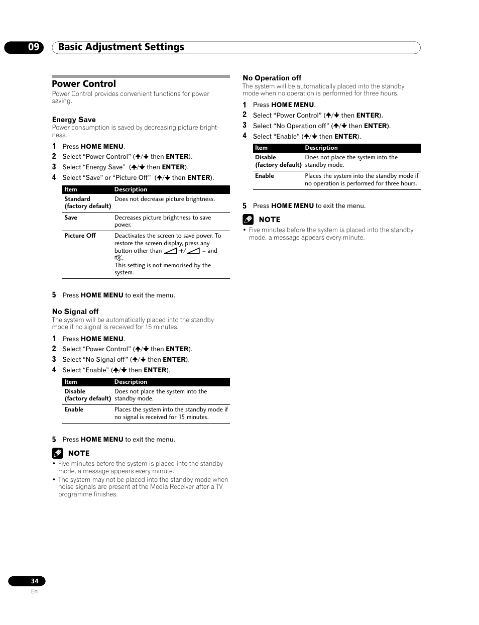 Power control, 09 basic adjustment settings | Pioneer PDP-435FDE User Manual | Page 34 / 140