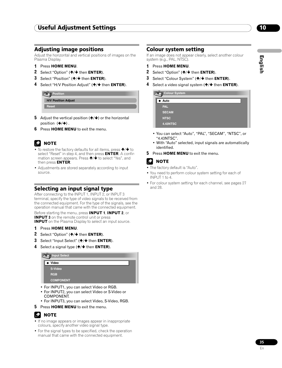 10 useful adjustment settings, Adjusting image positions, Selecting an input signal type | Colour system setting, English | Pioneer PDP-435FDE User Manual | Page 35 / 140