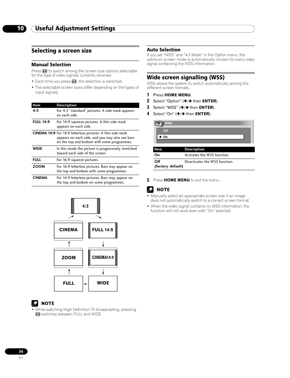 Selecting a screen size, Manual selection auto selection, Wide screen signalling (wss) | 10 useful adjustment settings | Pioneer PDP-435FDE User Manual | Page 36 / 140