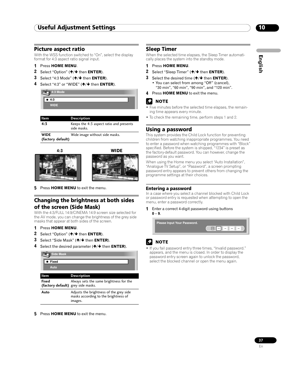 Entering a password, 10 useful adjustment settings, Picture aspect ratio | Sleep timer, Using a password | Pioneer PDP-435FDE User Manual | Page 37 / 140