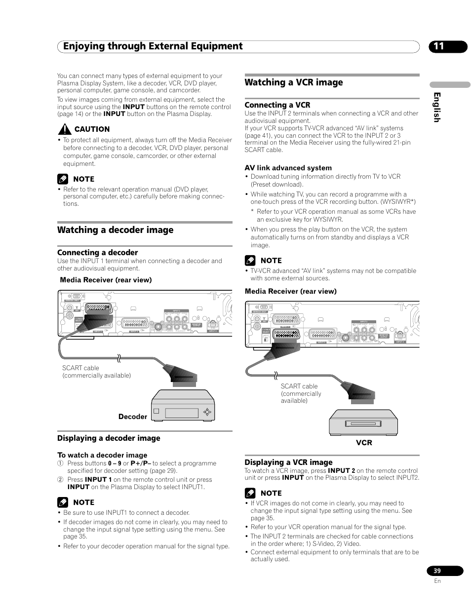 11 enjoying through external equipment, Watching a decoder image, Connecting a decoder displaying a decoder image | Watching a vcr image, Connecting a vcr displaying a vcr image, English, Connecting a vcr, Connecting a decoder, Displaying a decoder image, Displaying a vcr image | Pioneer PDP-435FDE User Manual | Page 39 / 140